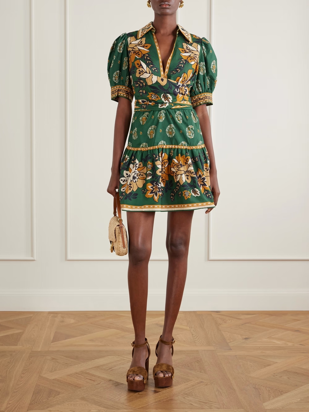 FARM Rio Green Floral V‑Neck Puff‑Sleeve Mini Dress with Yellow Accents